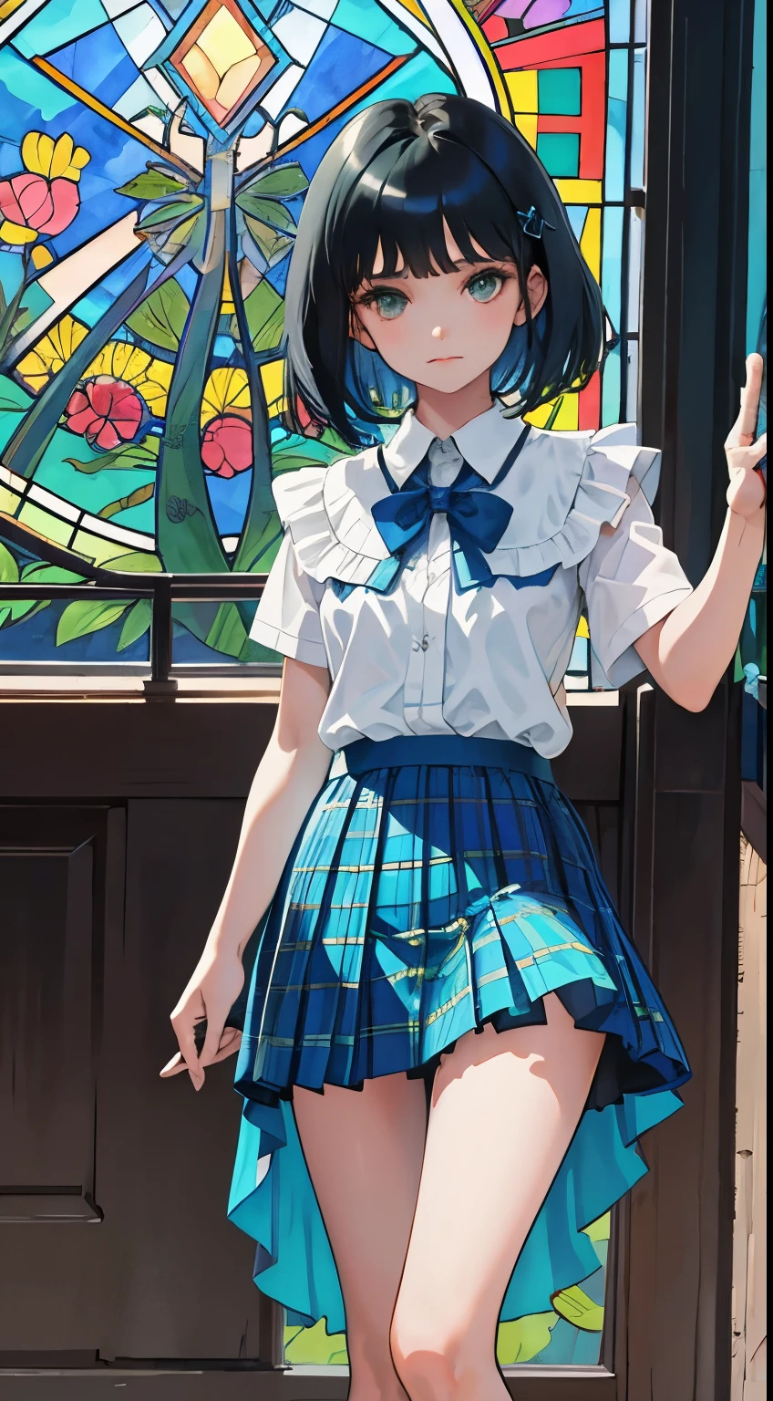 (),(masterpiece,Top quality),Blue-green plaid pleated mini skirt,short sleeve,black hair,Summer Classroom,tarot,Mucha,Stained glass