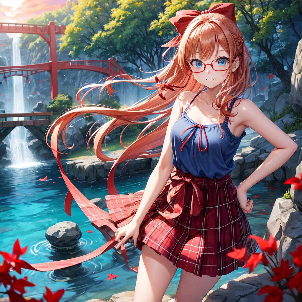 Red-blonde、blue hair、blue eyes、Braid、one good looking girl、solo、anime、Plaid miniskirt、camisole、black t-shirt、Tilting your face、Doing the ribbon、Ribbon at waist、sunset sky、stone stairs、petal、tunnel、Fallen leaves、fixing glasses、waterfall、contrail、pushing a pink bicycle