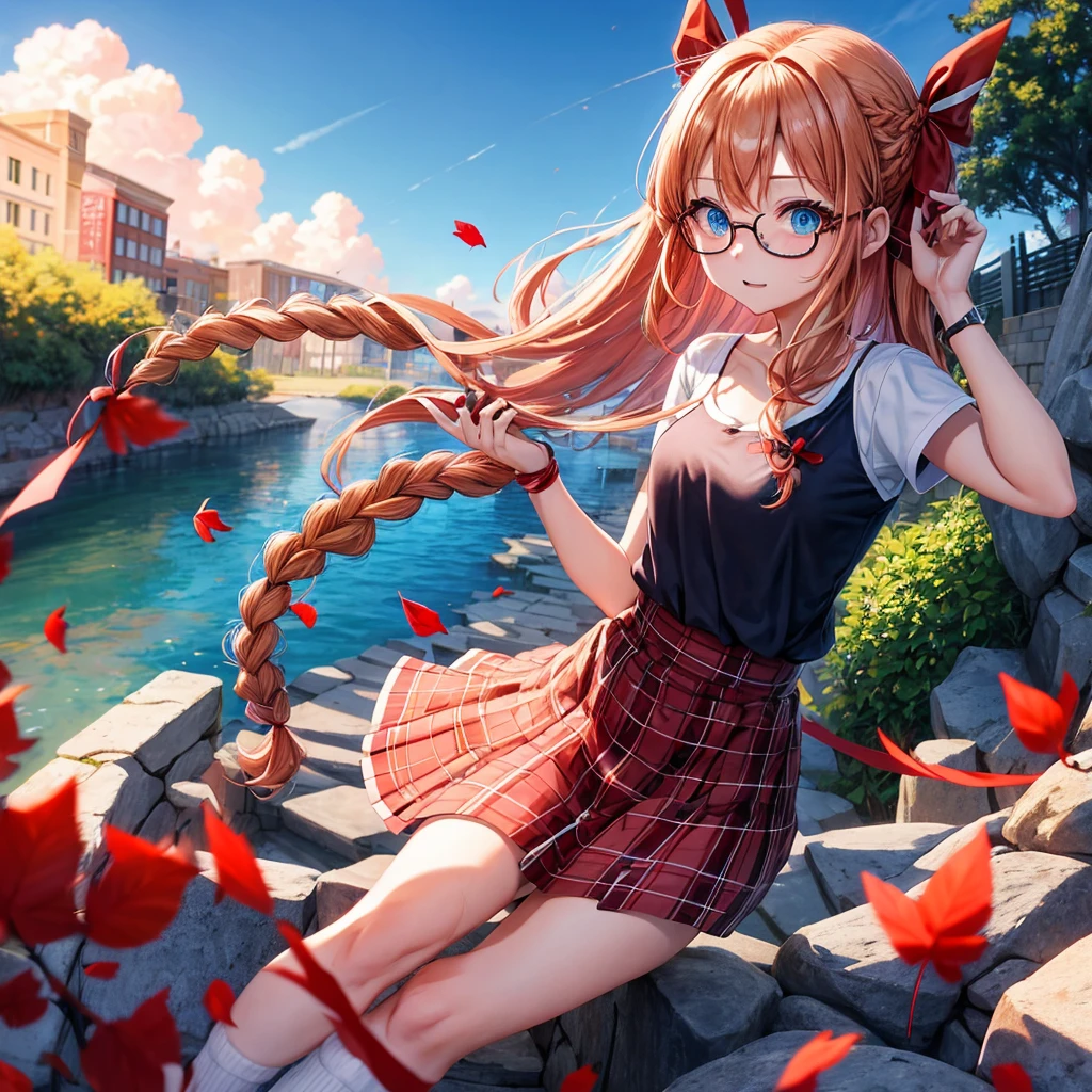 Red-blonde、blue hair、blue eyes、Braid、one good looking girl、solo、anime、Plaid miniskirt、camisole、black t-shirt、Tilting your face、Doing the ribbon、Ribbon at waist、sunset sky、stone stairs、petal、tunnel、Fallen leaves、fixing glasses、waterfall、contrail、pushing a pink bicycle