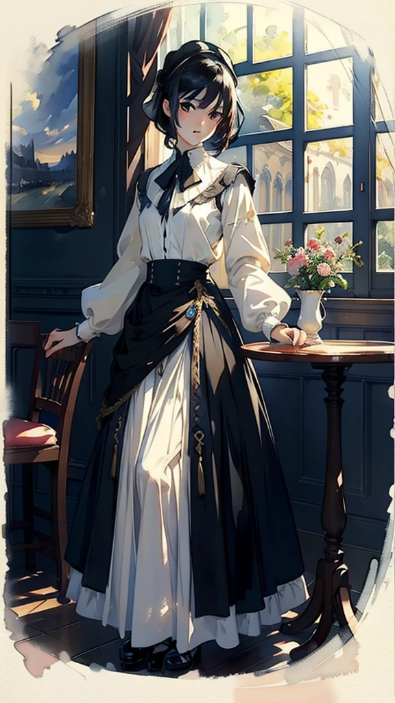 ((Watercolor by singer Sargent))、(highest quality、masterpiece)、1 girl、、wonderful、short black hair、uniform、long skirt、Cafe、window、small breasts、small breasts、