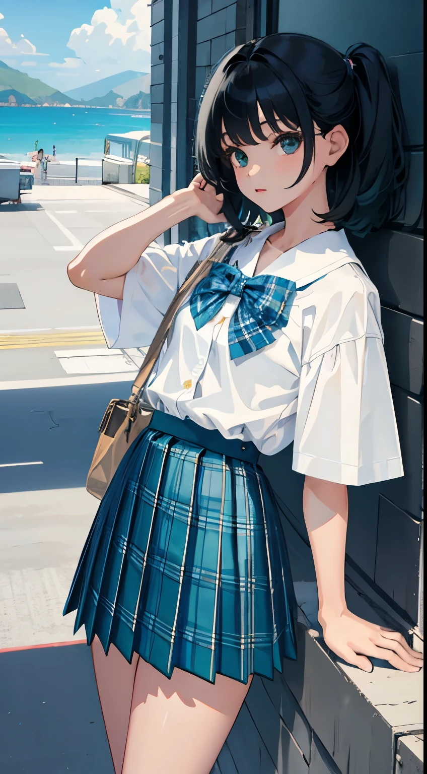 (child),(masterpiece,Top quality),Blue-green plaid pleated mini skirt,short sleeve,black hair,Summer Classroom,rooftop