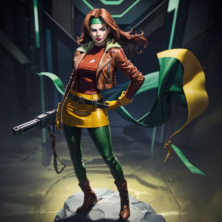 (masterpiece: 1.0), (best_quality: 1.2), Classic Rogue, Starring in the 1991 X-Men, 1girl, Stood Alone, Full body view, Facing the Viewer, Hand on Hip, Legs Parted, Elegant Stance, Medium Length Brown Wavy Hair with one lock of white, Green Headband, Green Eyes Glowing Mischievously, Parted Lips, Fit Figure, Medium to Large Breasts, Red Lipstick, Makeup, Brown Leather Jacket, Yellow Gloves, Loose Belt, Green and Yellow Skin-tight Skirt, Open Jacket