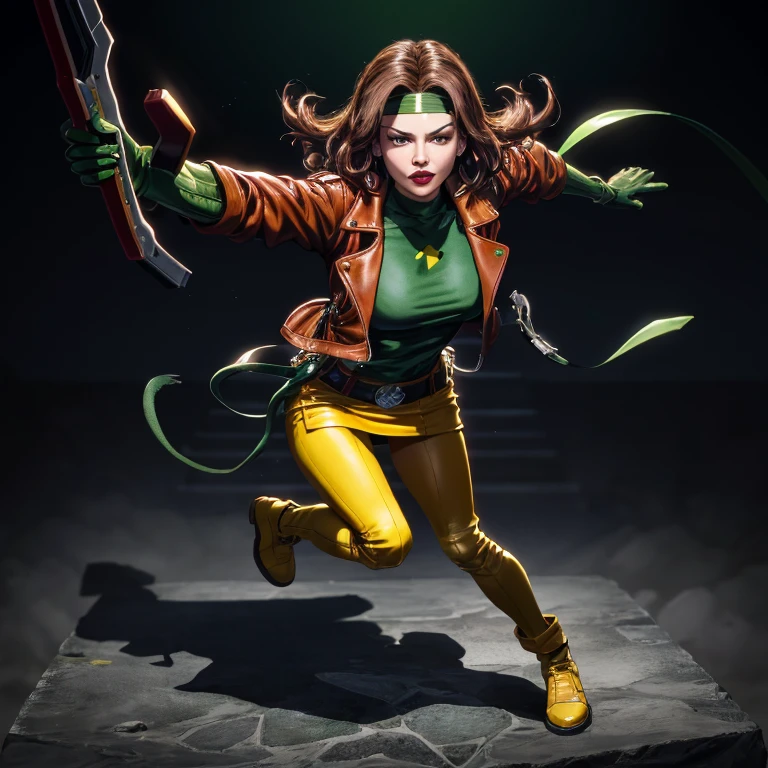 (masterpiece: 1.0), (best_quality: 1.2), Classic Rogue, Starring in the 1991 X-Men, 1girl, Stood Alone, Full body view, Facing the Viewer, Hand on Hip, Legs Parted, Elegant Stance, Medium Length Brown Wavy Hair with one lock of white, Green Headband, Green Eyes Glowing Mischievously, Parted Lips, Fit Figure, Medium to Large Breasts, Red Lipstick, Makeup, Brown Leather Jacket, Yellow Gloves, Loose Belt, Green and Yellow Skin-tight Skirt, Open Jacket