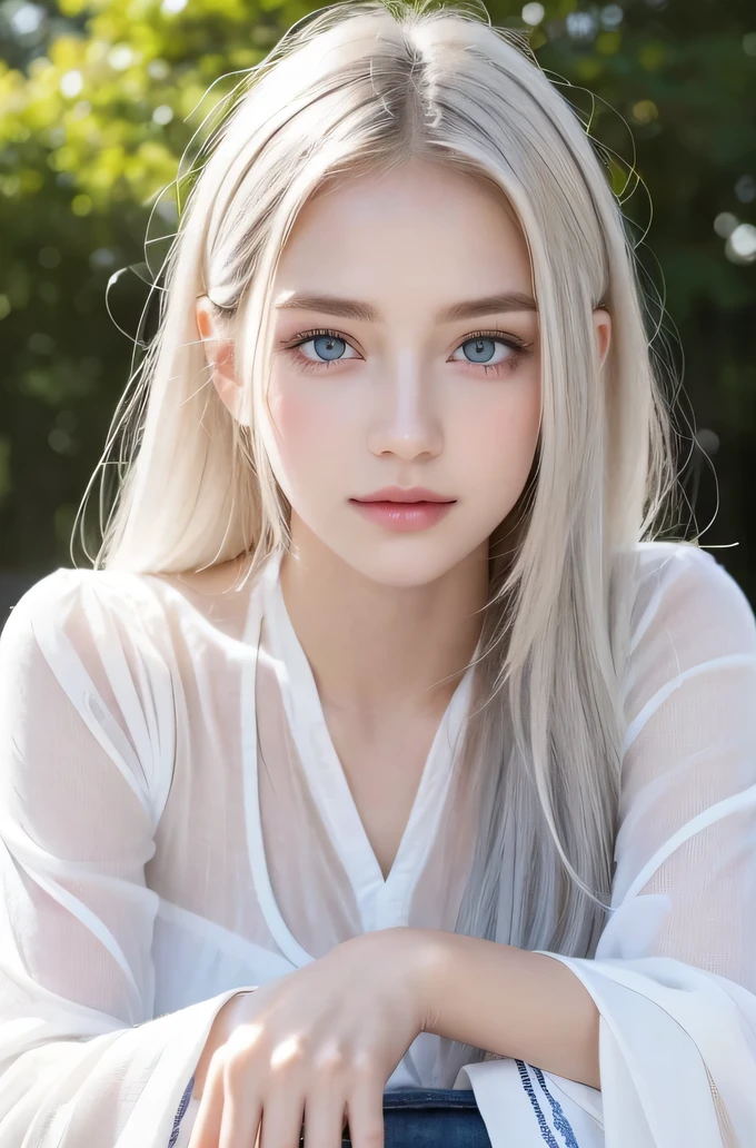 14歳のwhite人モデル, 立っているPhoto above the knee,((Clean clothes)), white clothes, Natural light, きれいなwhite人女性, white hair, lazy smile, (8K, Live shooting, highest quality, masterpiece: 1.2), masterpiece, Super detailed, , High-definition RAW color photo, , , , , , highly detailed eyes, realistic skin texture, highly detailed fingers, very small nose, highly detailed mouth, , Photo above the knee, , See-through feeling、transparent processing、wearing tight clothes、, white髪, blue eyes, masterpiece, realistic skin texture, , shiny hair and white skin, 、 natural skin texture, young woman like a girl, Photo above the knee、blue eyes, 、lowered eyebrows, innocent face, Eyes that look kind, natural skin texture, round face, kind eyes, long and pure white beautiful hair、, small face, No decorations included, white, droopy eyebrows, Mont Blanc, white, droopy eyebrows