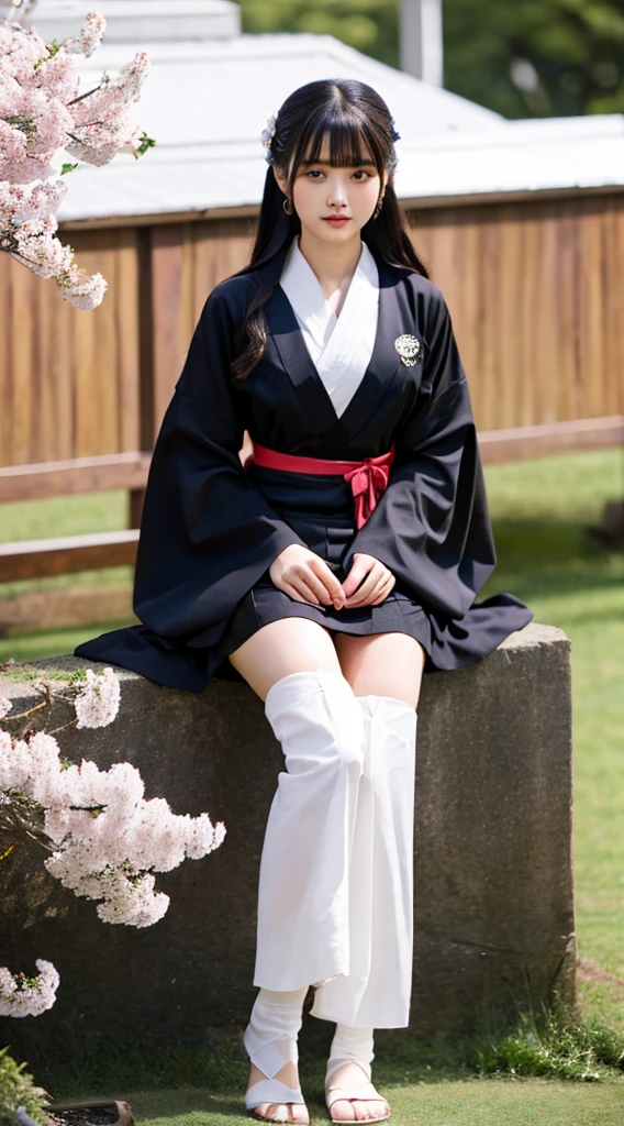masterpiece,highest quality,1 girl,perfect face,black hair,long hair,hairstyle with bangs,Body with good style,blush,kimono,Jet black kimono,mini skirt,panty shot,thighs,Thighhighs,fantastic scenery,moon光,moon,cherry blossoms