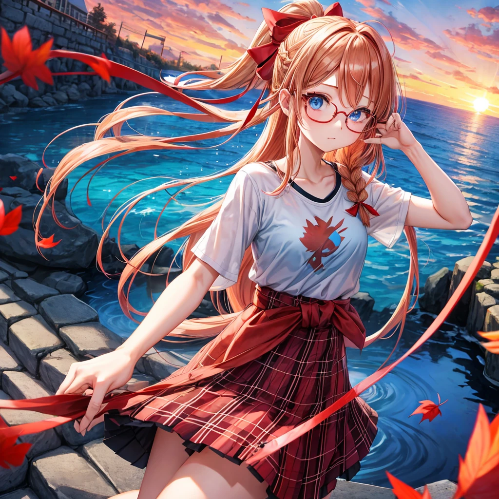 Red-blonde、blue hair、blue eyes、Braid、one good looking girl、solo、anime、Plaid miniskirt、camisole、black t-shirt、Tilting your face、Doing the ribbon、Ribbon at waist、sunset sky、stone stairs、petal、tunnel、Fallen leaves、wearing glasses、waterfall、contrail、pushing a pink bicycle
