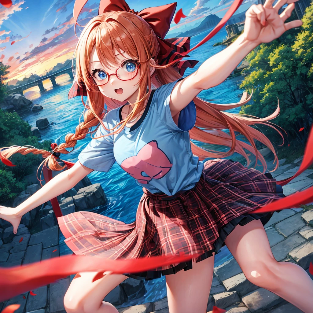 Red-blonde、blue hair、blue eyes、Braid、one good looking girl、solo、anime、Plaid miniskirt、camisole、black t-shirt、Tilting your face、Doing the ribbon、Ribbon at waist、sunset sky、stone stairs、petal、tunnel、Fallen leaves、wearing glasses、waterfall、contrail、pushing a pink bicycle