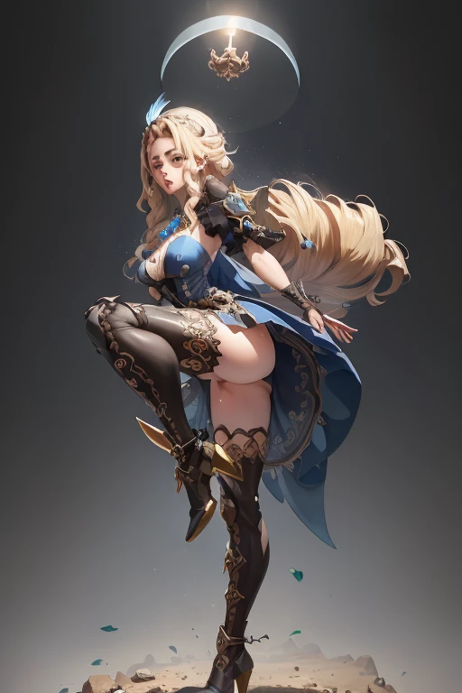 (alta qualidade, melhor qualidade), 1 garota, rosto perfeito, Navia, cabelo loiro, Cabelo longo, cabelo com babados, olhos azuis, neck ornament, tem, vestido espartilho, decote, Botas de coxa, salto alto, standing on one leg, olhando para baixo, de baixo, olhando para o espectador