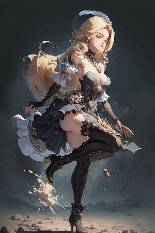 (alta qualidade, melhor qualidade), 1 garota, rosto perfeito, Navia, cabelo loiro, Cabelo longo, cabelo com babados, olhos azuis, neck ornament, tem, vestido espartilho, decote, Botas de coxa, salto alto, standing on one leg, olhando para baixo, de baixo, olhando para o espectador