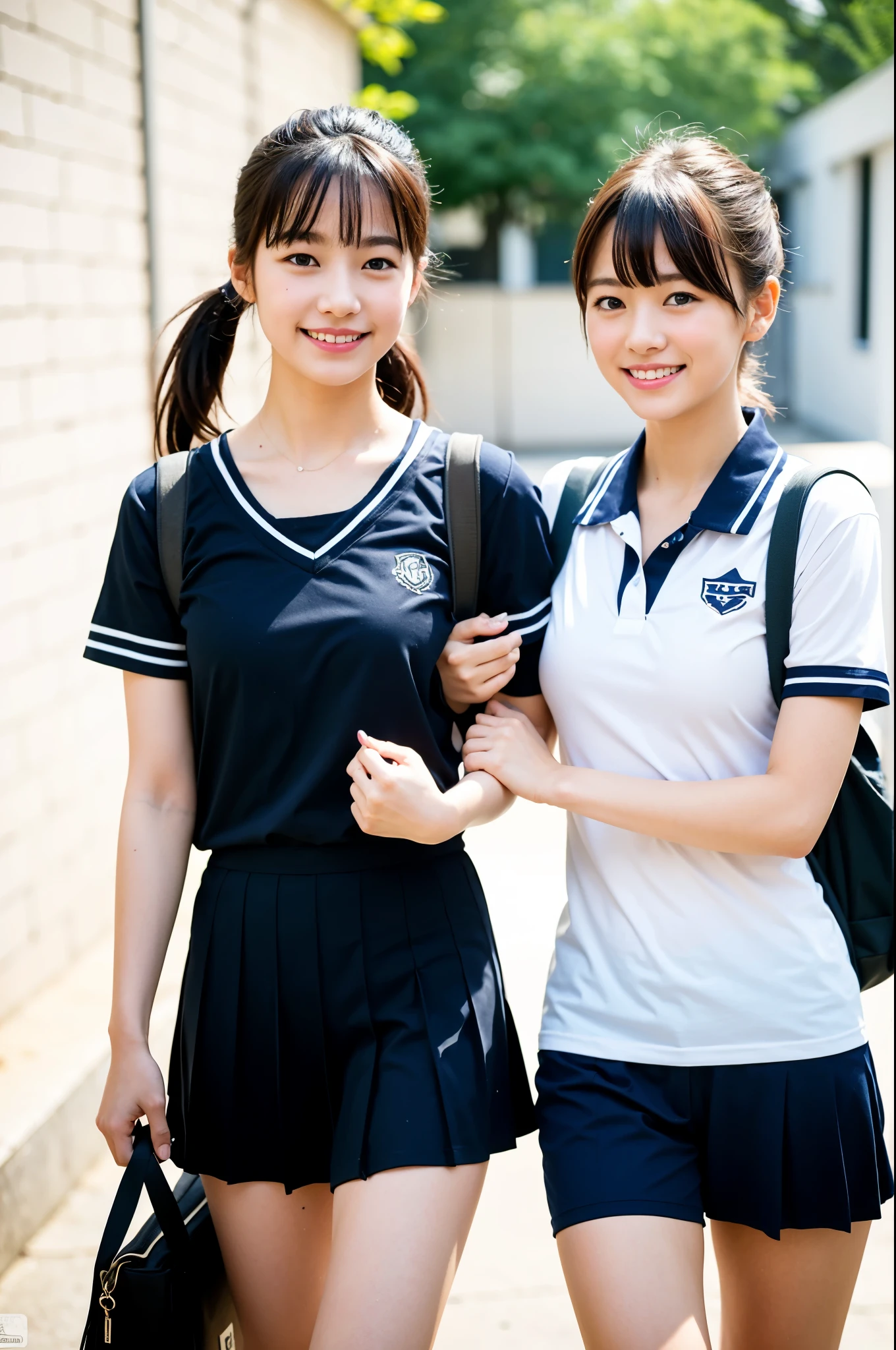 2 girls walking in school yard,short-sleeved white plain t-shirt with navy blue trim,navy blue bikini bottom,school bag,18-year-old,bangs,a little smile,thighs,knees,short cut hair,low ponytail,from below,front-lighting