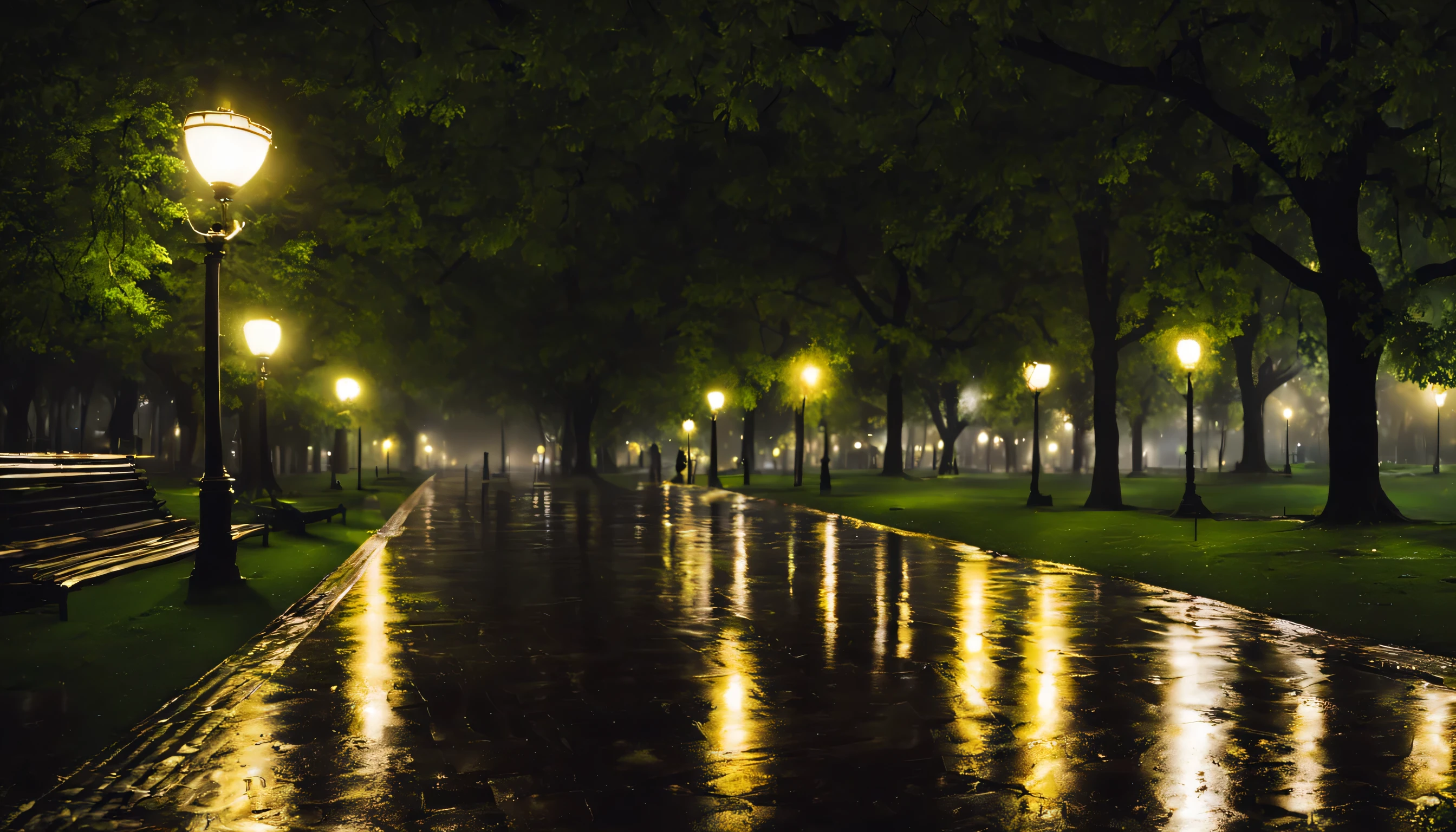 a park at night on a rainy day