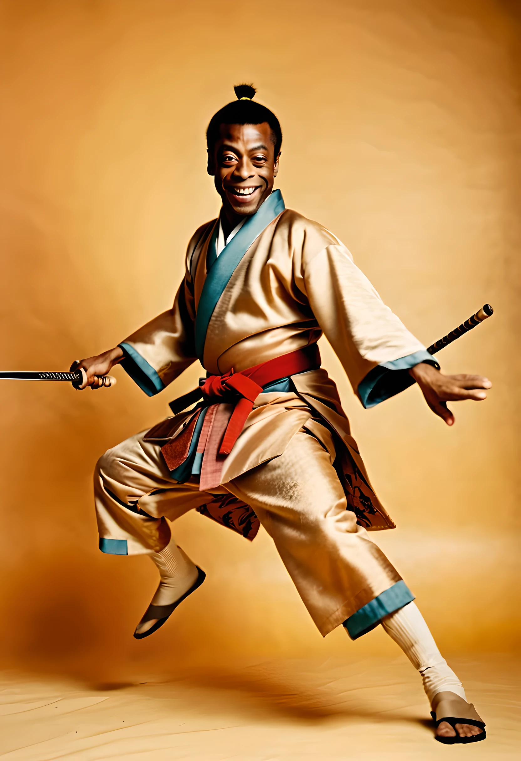 A silly photo of James Baldwin smiling dressed as a Samurai striking an action pose, with Samurai garments and robe, in the style of Wes Anderson, wielding a katana as he jumps and poses for a photograph in 1920, vintage, film grain, full body