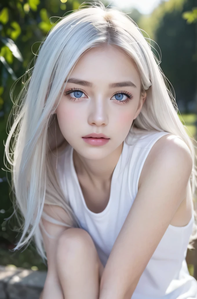 14歳のwhite人モデル, 立っているPhoto above the knee,((Clean clothes)), white clothes, Natural light, きれいなwhite人女性, white hair, lazy smile, (8K, Live shooting, highest quality, masterpiece: 1.2), masterpiece, Super detailed, , High-definition RAW color photo, , , , , , highly detailed eyes, realistic skin texture, highly detailed fingers, very small nose, highly detailed mouth, , Photo above the knee, , See-through feeling、transparent processing、wearing tight clothes、, white髪, blue eyes, masterpiece, realistic skin texture, , shiny hair and white skin, 、 natural skin texture, young woman like a girl, Photo above the knee、blue eyes, 、lowered eyebrows, innocent face, Eyes that look kind, natural skin texture, round face, kind eyes, long and pure white beautiful hair、, small face, No decorations included, white, droopy eyebrows, Mont Blanc, white, droopy eyebrows