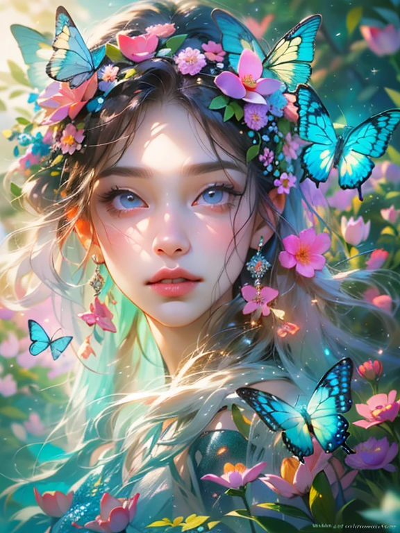 This artwork is like a dream.、It is a mythical fantasy style, Fantastic fantasy world、A dreamy landscape surrounded by flowers、A beautiful fairy dances、A flower paradise depicted in photo-like art、sparkling flowers々A beautiful scene where blue butterflies dance against a dreamy background、blue butterfly flower々The beauty of fantasy dances through photo-like art、beautiful detailed eyes, beautiful and fine eyes, And realistic eyes. Include fantasy details, Enhanced details, Iridescence, And colorful glitter. Pay special attention to her face、Make sure it's beautifully and realistically detailed. 8K, Complex, elegant, very detailed, majestic, digital photography, HDR, ((realistic skin texture)), Close-up of the woman's upper body