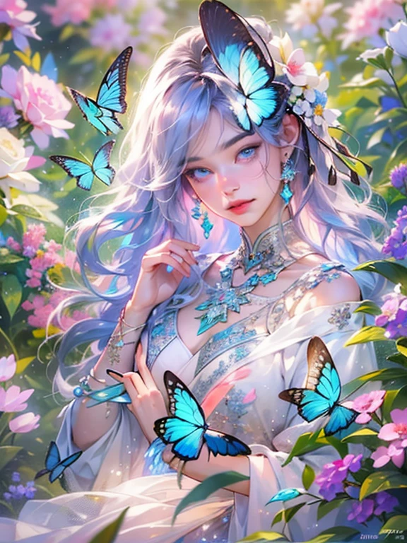 This artwork is like a dream.、It is a mythical fantasy style, Fantastic fantasy world、A dreamy landscape surrounded by flowers、A beautiful fairy dances、A flower paradise depicted in photo-like art、sparkling flowers々A beautiful scene where blue butterflies dance against a dreamy background、blue butterfly flower々The beauty of fantasy dances through photo-like art、beautiful detailed eyes, beautiful and fine eyes, And realistic eyes. Include fantasy details, Enhanced details, Iridescence, And colorful glitter. Pay special attention to her face、Make sure it's beautifully and realistically detailed. 8K, Complex, elegant, very detailed, majestic, digital photography, HDR, ((realistic skin texture)), Close-up of the woman&#39;s upper body