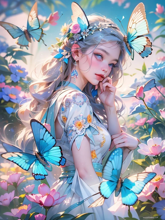 This artwork is like a dream.、It is a mythical fantasy style, Fantastic fantasy world、A dreamy landscape surrounded by flowers、A beautiful fairy dances、A flower paradise depicted in photo-like art、sparkling flowers々A beautiful scene where blue butterflies dance against a dreamy background、blue butterfly flower々The beauty of fantasy dances through photo-like art、beautiful detailed eyes, beautiful and fine eyes, And realistic eyes. Include fantasy details, Enhanced details, Iridescence, And colorful glitter. Pay special attention to her face、Make sure it's beautifully and realistically detailed. 8K, Complex, elegant, very detailed, majestic, digital photography, HDR, ((realistic skin texture)), Close-up of the woman's upper body