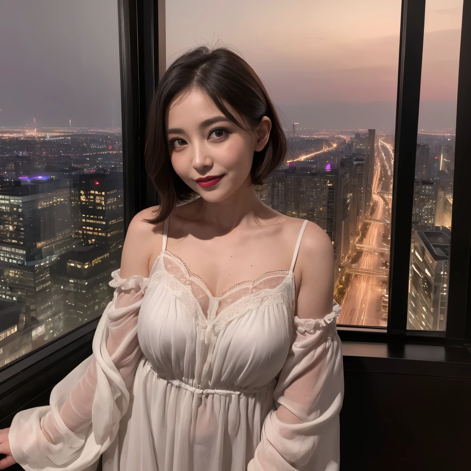 ((highest quality、muste piece、8K、Highest image quality、hyper realism))、(One 35-year-old woman:1.2)、(Wrinkled face:1.1)、(wrinkles around the eyes:1.1)、(nasolabial folds:1.1)、(Mature woman&#39;s upper body photo:1.1)、short hair、High-class high-rise condominium with 45 floors above ground、High-class high-rise apartment at night、Exclusive interior、wearing a nightgown、perfect makeup、dark lipstick、(Beautiful and intricate night view seen through the huge windows:1.1)、a sad smile looking at me、photo from the waist up、(perfect anatomy:1.1)