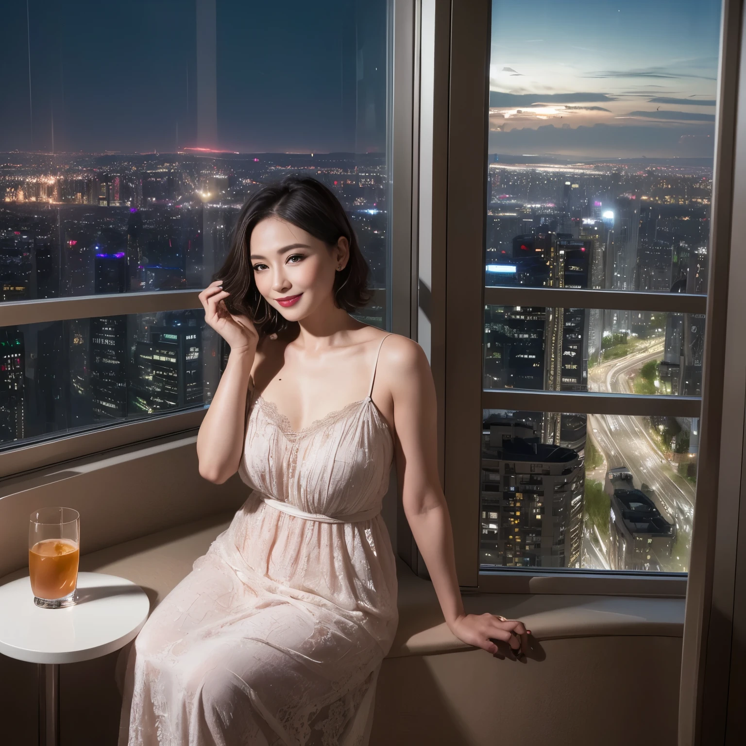 ((highest quality、muste piece、8K、Highest image quality、hyper realism))、(One 35-year-old woman:1.2)、(Wrinkled face:1.1)、(wrinkles around the eyes:1.1)、(nasolabial folds:1.1)、(Mature woman's upper body photo:1.1)、short hair、High-class high-rise condominium with 45 floors above ground、High-class high-rise apartment at night、Exclusive interior、wearing a nightgown、perfect makeup、dark lipstick、(Beautiful and intricate night view seen through the huge windows:1.1)、a sad smile looking at me、photo from the waist up、(perfect anatomy:1.1)