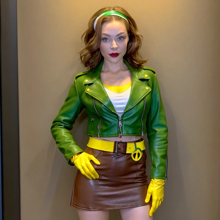 (masterpiece: 1.0), (best_quality: 1.2), Classic Rogue, Starring in the 1991 X-Men, 1girl, Stood Alone, Full body view, Facing the Viewer, Hand on Hip, Legs Parted, Elegant Stance, Medium Length Brown Wavy Hair with one lock of white, Green Headband, Green Eyes Glowing Mischievously, Parted Lips, Fit Figure, Medium to Large Breasts, Red Lipstick, Makeup, Brown Leather Jacket, Yellow Gloves, Loose Belt, Green and Yellow Skin-tight Skirt, Open Jacket