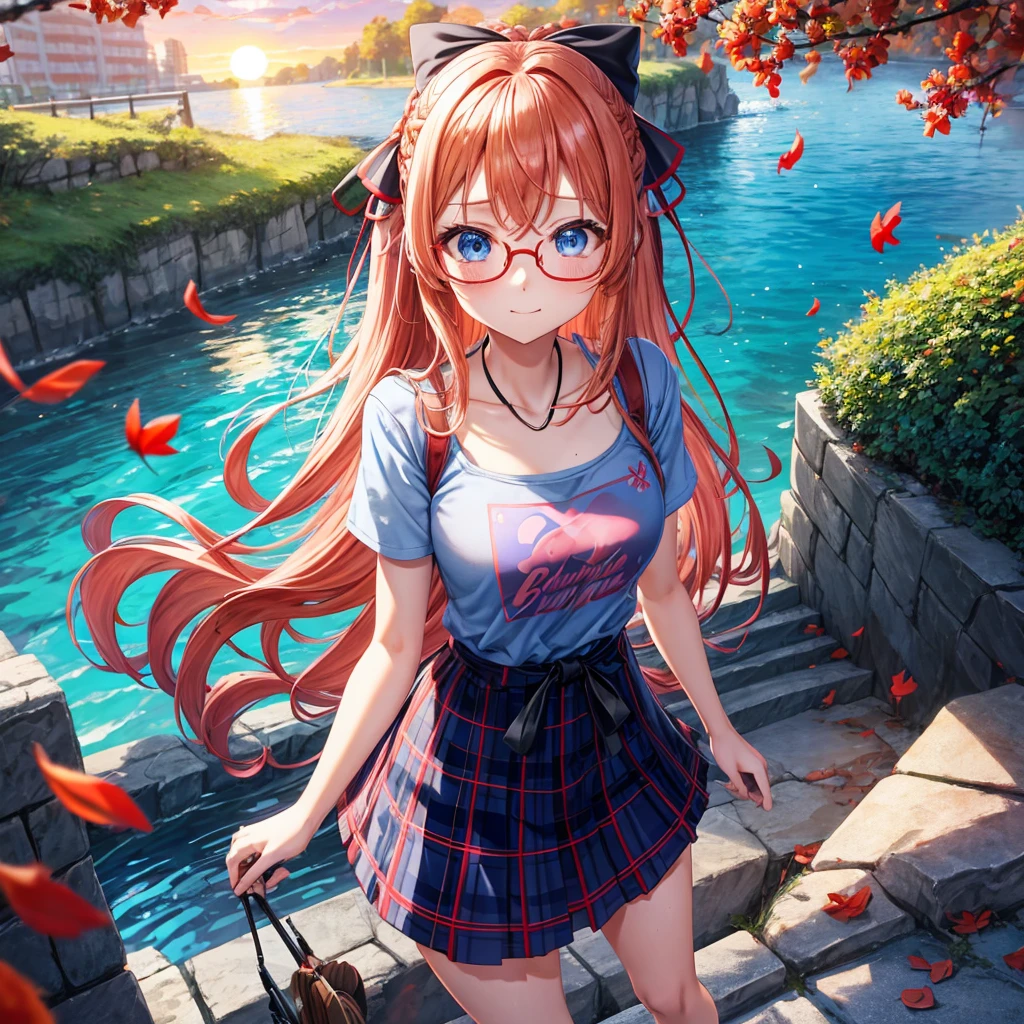 Red-blonde、blue hair、blue eyes、Braid、one good looking girl、solo、anime、Plaid miniskirt、camisole、black t-shirt、Tilting your face、Doing the ribbon、Ribbon at waist、sunset sky、stone stairs、petal、tunnel、Fallen leaves、wearing glasses、waterfall、contrail、pushing a pink bicycle