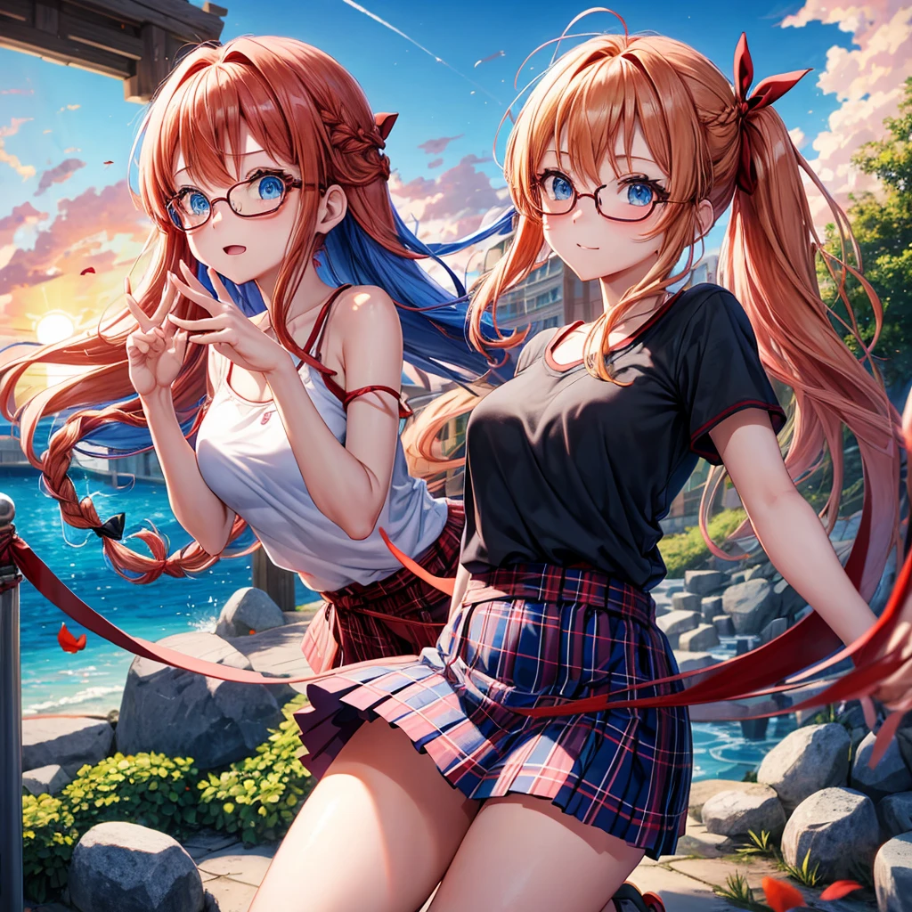 Red-blonde、blue hair、blue eyes、Braid、one good looking girl、solo、anime、Plaid miniskirt、camisole、black t-shirt、Tilting your face、Doing the ribbon、Ribbon at waist、sunset sky、stone stairs、petal、tunnel、Fallen leaves、wearing glasses、waterfall、contrail、pushing a pink bicycle