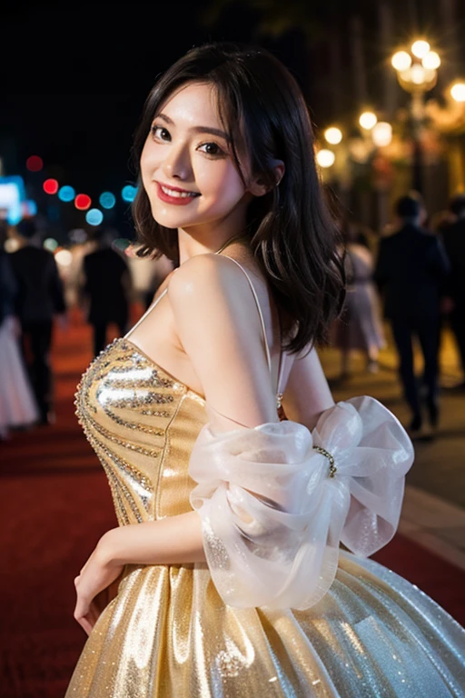 Amazing 8K, Masterpiece, (Crystalline set), Ball gown, tilt your head, Stunning smile, crowd, Bokeh, The Ballroom