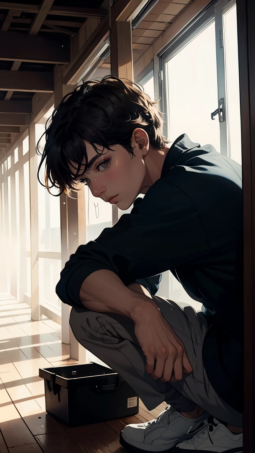 ((best quality)), ((masterpiece)), (detailed), perfect face,dark,Single light source,warm light,a man like a mouse,Squatting on the rafters,look up