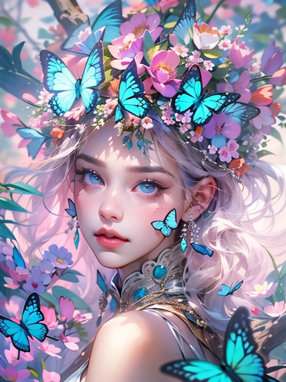 This artwork is like a dream.、It is a mythical fantasy style, Fantastic fantasy world、A dreamy landscape surrounded by flowers、A beautiful fairy dances、A flower paradise depicted in photo-like art、sparkling flowers々A beautiful scene where blue butterflies dance against a dreamy background、blue butterfly flower々The beauty of fantasy dances through photo-like art、beautiful detailed eyes, beautiful and fine eyes, And realistic eyes. Include fantasy details, Enhanced details, Iridescence, And colorful glitter. Pay special attention to her face、Make sure it's beautifully and realistically detailed. 8K, Complex, elegant, very detailed, majestic, digital photography, HDR, ((realistic skin texture)), Close-up of the woman's upper body