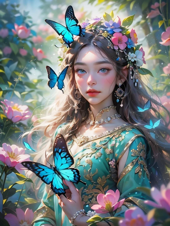 This artwork is like a dream.、It is a mythical fantasy style, Fantastic fantasy world、A dreamy landscape surrounded by flowers、A beautiful fairy dances、A flower paradise depicted in photo-like art、sparkling flowers々A beautiful scene where blue butterflies dance against a dreamy background、blue butterfly flower々The beauty of fantasy dances through photo-like art、beautiful detailed eyes, beautiful and fine eyes, And realistic eyes. Include fantasy details, Enhanced details, Iridescence, And colorful glitter. Pay special attention to her face、Make sure it's beautifully and realistically detailed. 8K, Complex, elegant, very detailed, majestic, digital photography, HDR, ((realistic skin texture)), Close-up of the woman's upper body