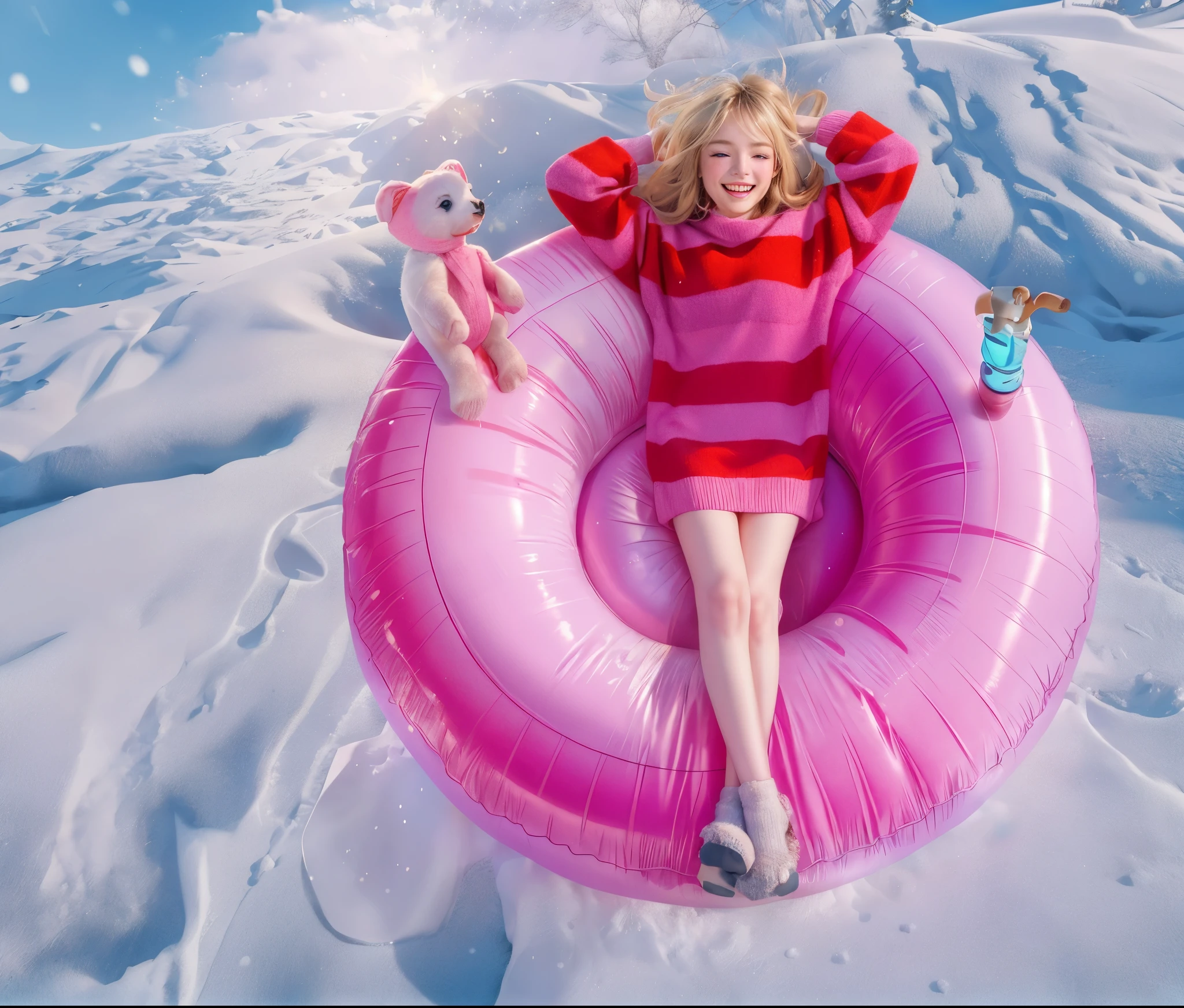 blond girl,pink and red striped dress,laying on pink inflatable float,breath-taking view of snow-covered mountains unfold in the background,soft powdery snow glimmers under the sunlight,
sparkling snowflakes gently fall from the sky,
wind whispers through the snowy trees,
delightful giggle escapes from the girl's lips,
ultra-detailed,highly realistic portrait of the girl,
best quality,4k,high resolution,
masterpiece:1.2,
vivid colors bring the scene to life,
studio lighting accentuates the girl's features,
soft and warm color palette creates a cozy atmosphere,
long flowing hair dancing in the wind,
captivating blue eyes shimmer with excitement,
rosy cheeks glowing with joy,
fun and carefree expression,
playful and relaxed posture,
a magical winter wonderland.