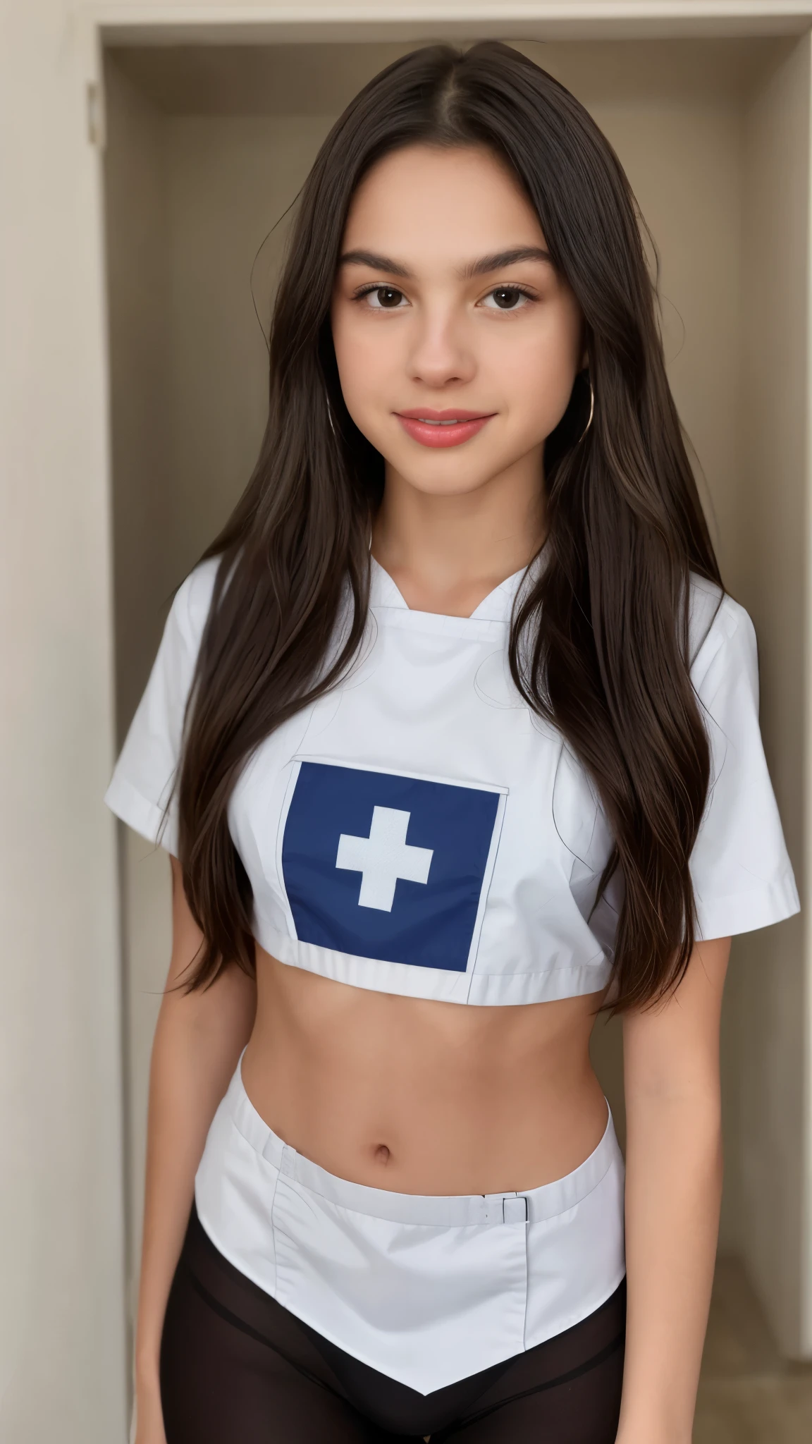 Olivia Rodrigo , long hair: 1.3, ugly nurse uniform, pantyhose, light skin, photorealistic