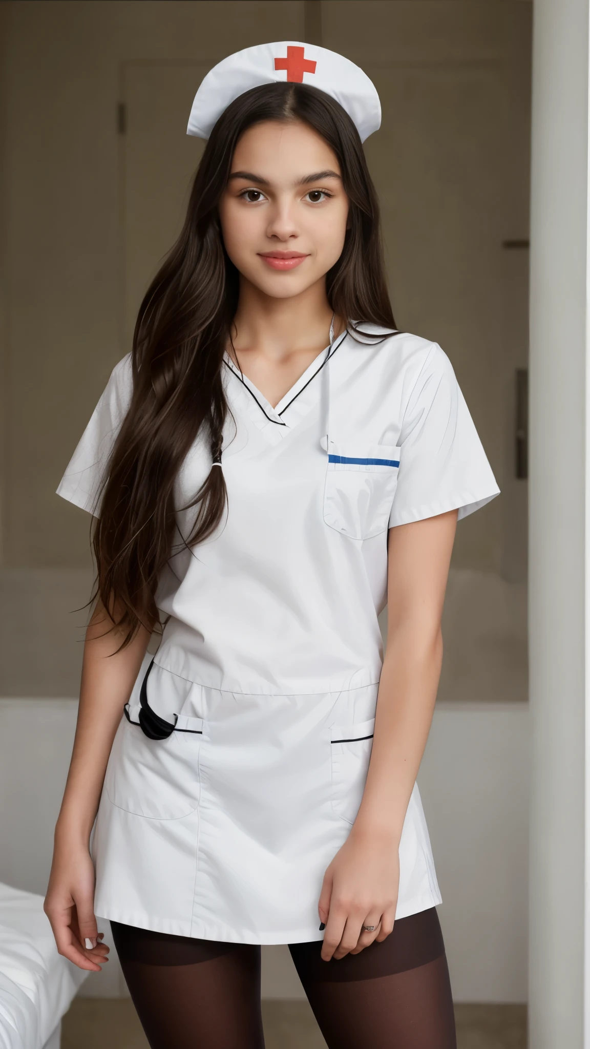 Olivia Rodrigo 13 years old, long hair: 1.3, ugly nurse uniform, pantyhose, light skin, photorealistic