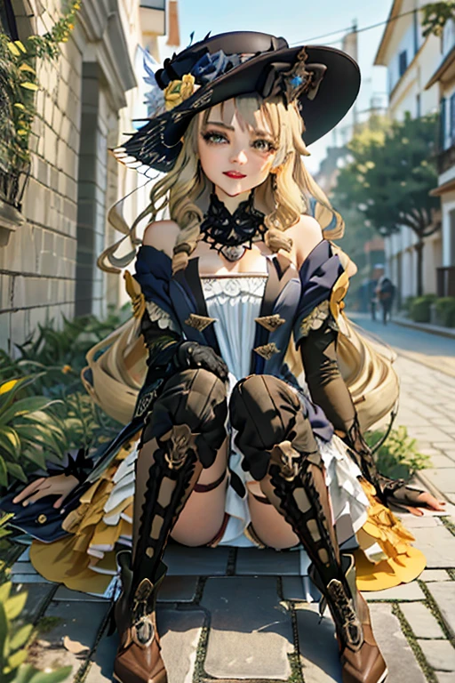 1 garota, Navia \(Impacto Genshin\), Sozinho, fancy hat, botas de coxa, mangas destacadas, single glove, strapless dress, colarinho destacado, saia showgirl, colar, capa de cintura, sorriso, tiro de vaqueiro, sentado, jardim, ao ar livre, profundidade de campo, mesa, cadeira, noodle, bolo, obra de arte