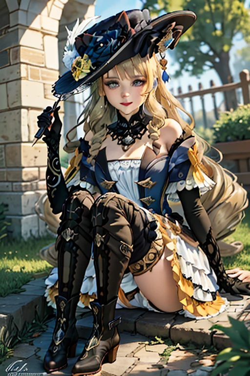 1 garota, Navia \(Impacto Genshin\), Sozinho, fancy hat, botas de coxa, mangas destacadas, single glove, strapless dress, colarinho destacado, saia showgirl, colar, capa de cintura, sorriso, tiro de vaqueiro, sentado, jardim, ao ar livre, profundidade de campo, mesa, cadeira, noodle, bolo, obra de arte

