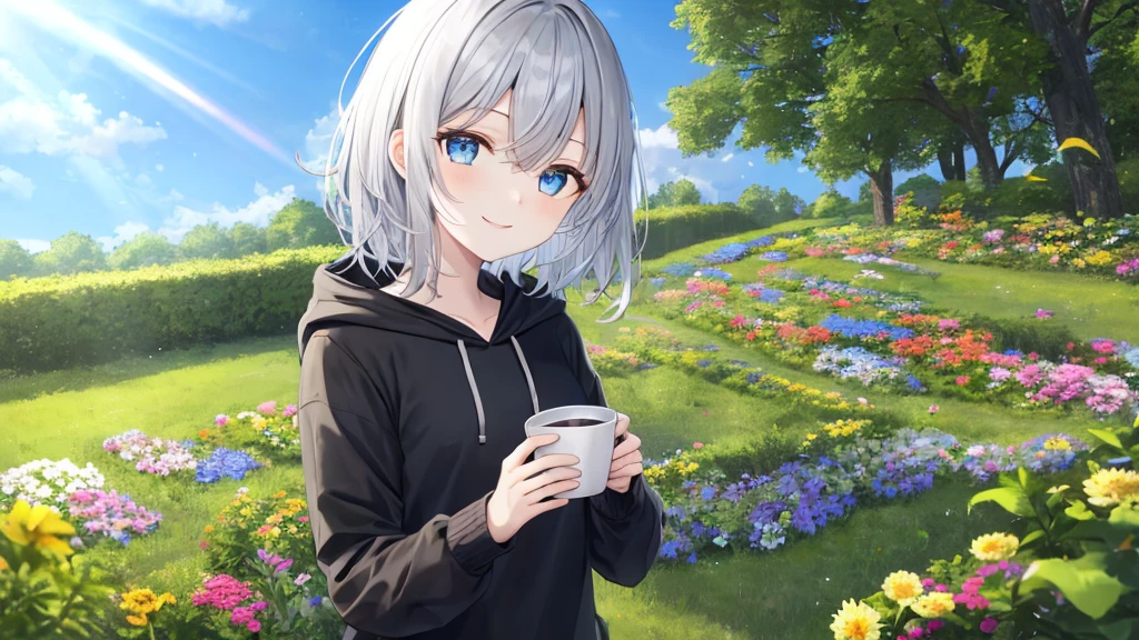 super high quality, with a girl, 20-year-old, とてもshort hair, long bangs between the eyes, pale blue eyes , blue sky, sunlight, very detailed,(masterpiece、highest quality)、alone、gray hair、smile、fantasy, silver hair, black eye, beautiful eyes,, ecstasy, charm, be smitten with audience, short hair,blue sky , sunlight,fantasyな風景、white hoodie、black shirt、flower garden