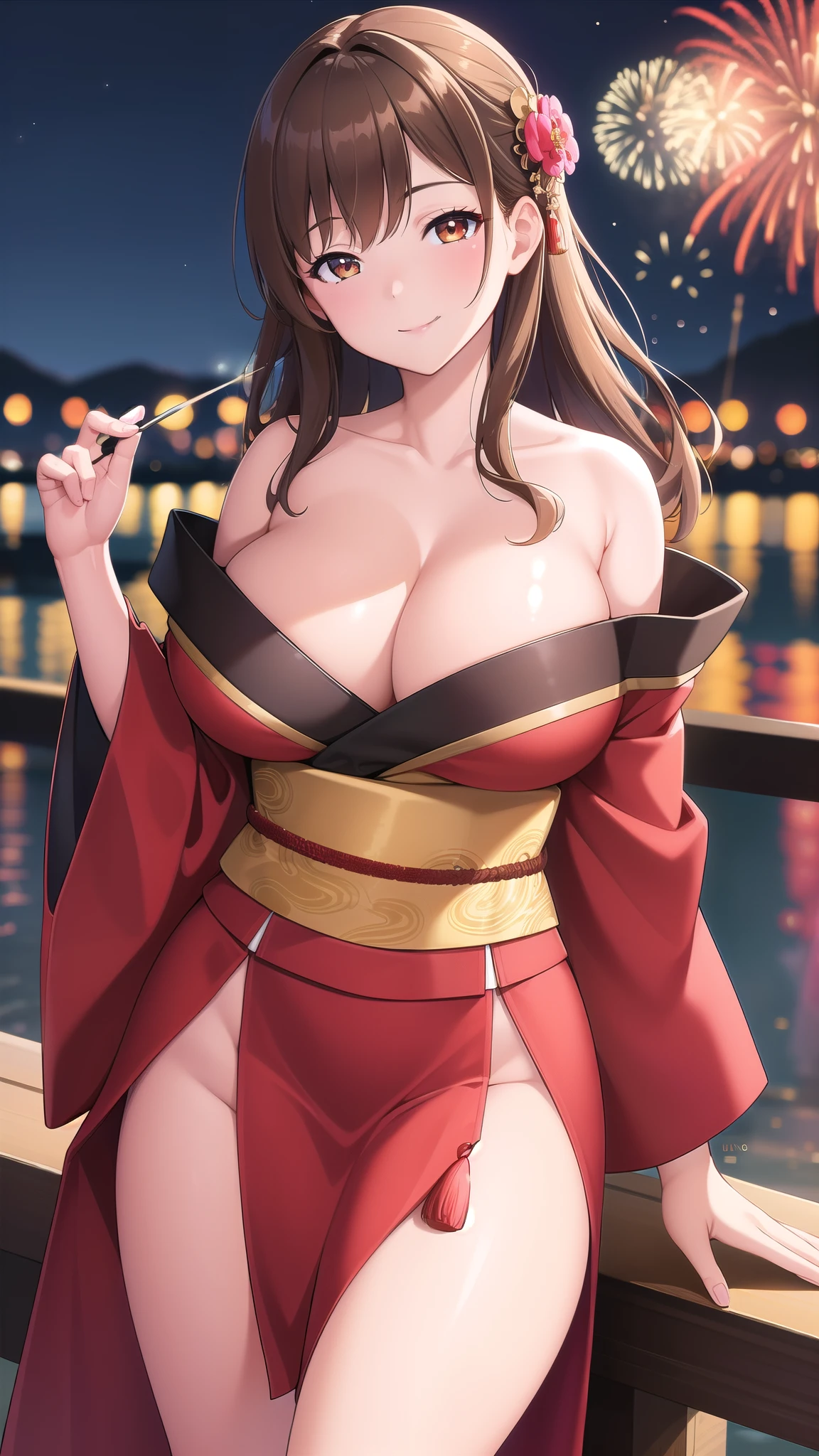 (best quality:1.5, highres, UHD, 4K, detailed lighting, shaders), brown straight hair, large breasts, off shoulder kimono, cleavage, shoulders, smiling, pov, close shot, night background, fireworks