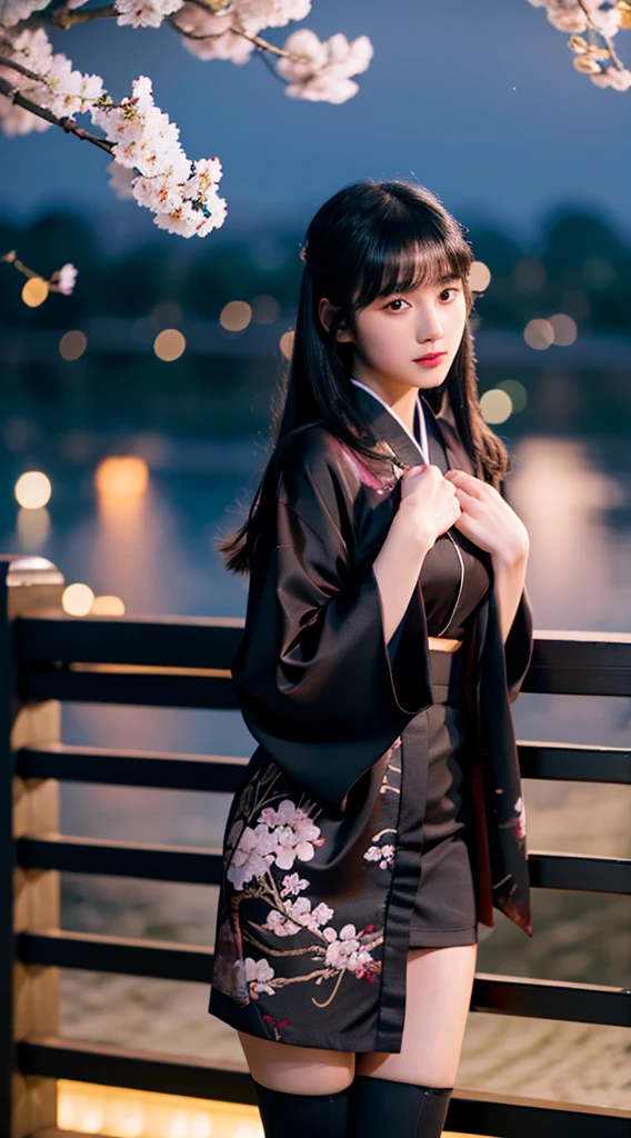 masterpiece,highest quality,1 girl,perfect face,black hair,long hair,hairstyle with bangs,Body with good style,blush,kimono,Jet black kimono,mini skirt,panty shot,thighs,Thighhighs,fantastic scenery,night,moon,cherry blossoms
