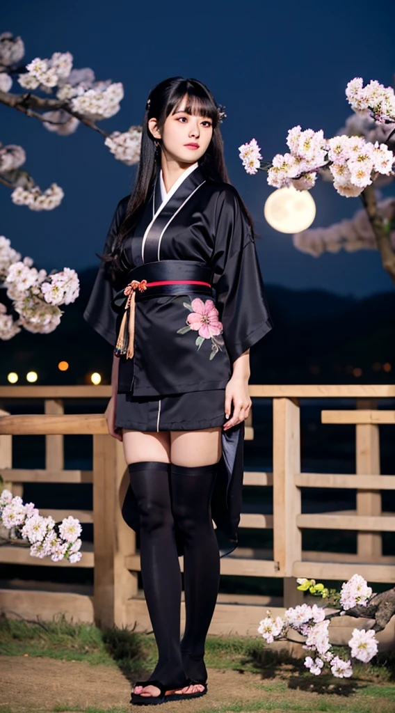 masterpiece,highest quality,1 girl,perfect face,black hair,long hair,hairstyle with bangs,Body with good style,blush,kimono,Jet black kimono,mini skirt,panty shot,thighs,Thighhighs,fantastic scenery,night,moon,cherry blossoms