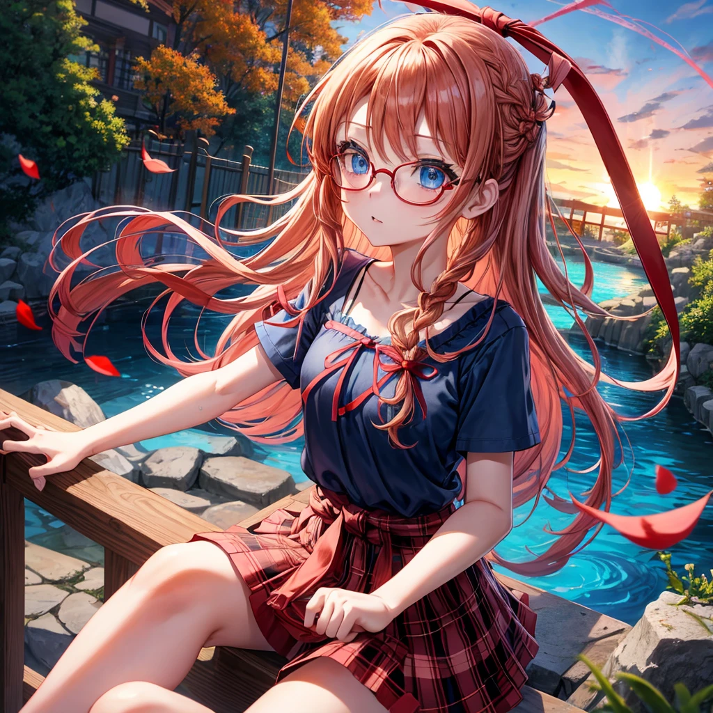 Red-blonde、blue hair、blue eyes、Braid、one good looking girl、solo、anime、Plaid miniskirt、camisole、black t-shirt、Tilting your face、Doing the ribbon、Ribbon at waist、sunset sky、stone stairs、petal、tunnel、Fallen leaves、wearing glasses、waterfall、contrail、pushing a pink bicycle