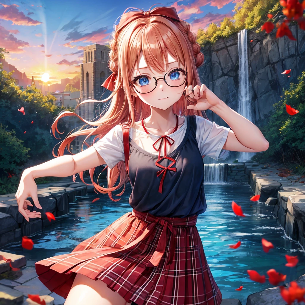 Red-blonde、blue hair、blue eyes、Braid、one good looking girl、solo、anime、Plaid miniskirt、camisole、black t-shirt、Tilting your face、Doing the ribbon、Ribbon at waist、sunset sky、stone stairs、petal、tunnel、Fallen leaves、wearing glasses、waterfall、contrail、pushing a pink bicycle