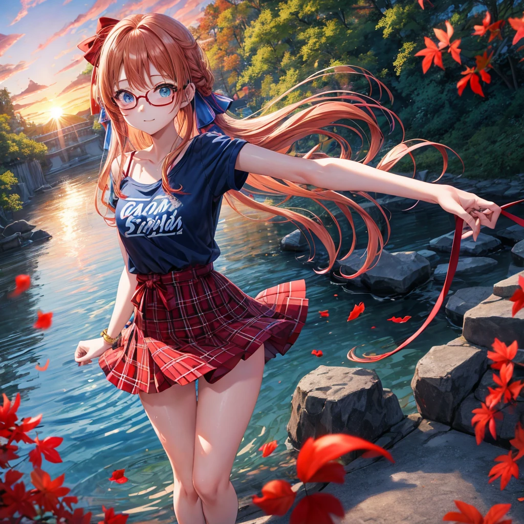 Red-blonde、blue hair、blue eyes、Braid、one good looking girl、solo、anime、Plaid miniskirt、camisole、black t-shirt、Tilting your face、Doing the ribbon、Ribbon at waist、sunset sky、stone stairs、petal、tunnel、Fallen leaves、wearing glasses、waterfall、contrail、pushing a pink bicycle