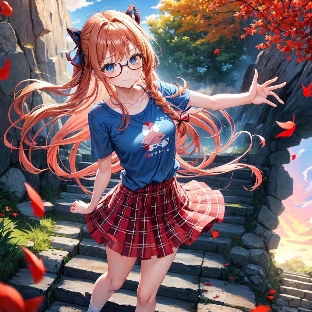 Red-blonde、blue hair、blue eyes、Braid、one good looking girl、solo、anime、Plaid miniskirt、camisole、black t-shirt、Tilting your face、Doing the ribbon、Ribbon at waist、sunset sky、stone stairs、petal、tunnel、Fallen leaves、wearing glasses、waterfall、contrail、pushing a pink bicycle