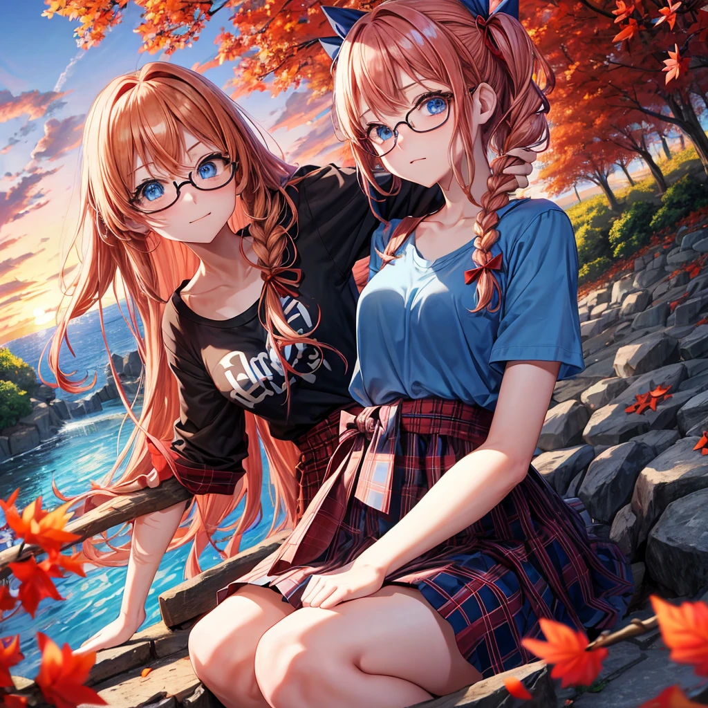 Red-blonde、blue hair、blue eyes、Braid、one good looking girl、solo、anime、Plaid miniskirt、camisole、black t-shirt、Tilting your face、Doing the ribbon、Ribbon at waist、sunset sky、stone stairs、petal、tunnel、Fallen leaves、wearing glasses、waterfall、contrail、pushing a pink bicycle