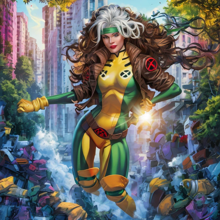 (masterpiece:1.0), (best_quality:1.2), Classic Rogue, 1991 Rogue X-Men, 1girl, Only, full body view, facing the viewer, hand on hips, legs parted, confident stance, proud stance, medium length hair, brown hair, wavy hair, one lock of white hair, green headband, green eyes, mischievous look, parted lips, curvy figure, large breasts, lipstick, makeup, brown leather jacket, gloves, loose belt, skin-tight leggings, open jacket, knee-high boots, Looking down at the Viewer, sunlight, sunrays, light source from the side, (realism: 1.5), (Realistic: 1.4), (Absurdity:1.4), 8k, ultra-detailed, Detailed Beautiful Woman, (only:1.4), 1girl, background of garden, stone walls, stone archway and pathways, wisteria trees, outside of mansion, official art, extremely detailed CG unity 8k wallpaper, perfect lighting, Colorful, ultra high res, photography, 8K, HDR, Kodak portra 400, film grain, blurry background, (bokeh:1.2), lens flare, (vibrant_color:1.2), professional photograph