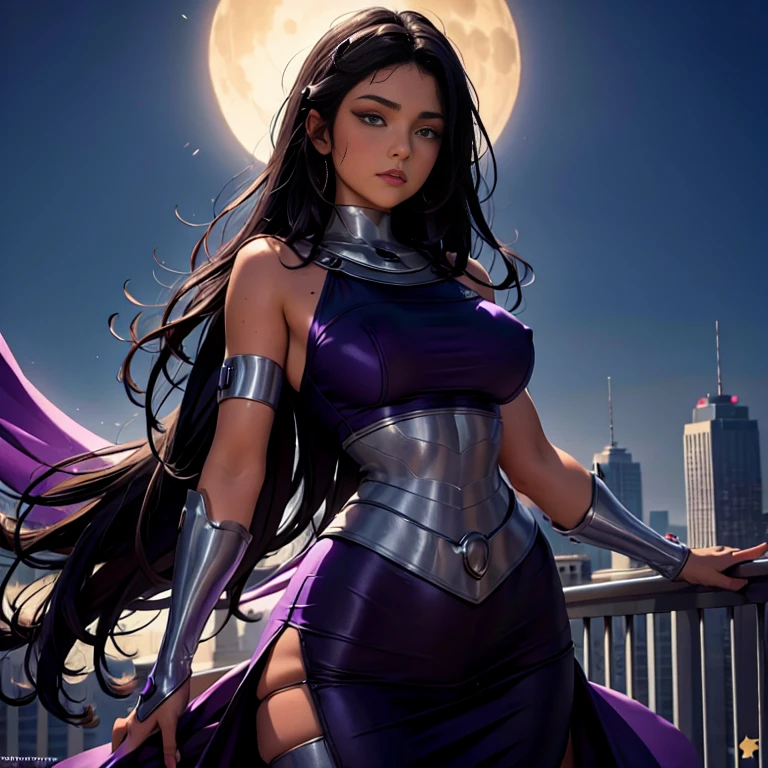(masterpiece, best quality),1girl with long purple-black hair standing on the edge of a sky scraper, swedish face with sharp features, warm lighting, glowing purple eyes, (golden-tan skin: high priority),detailed-beautiful eyes,gothic fantasy armour,modest clothing