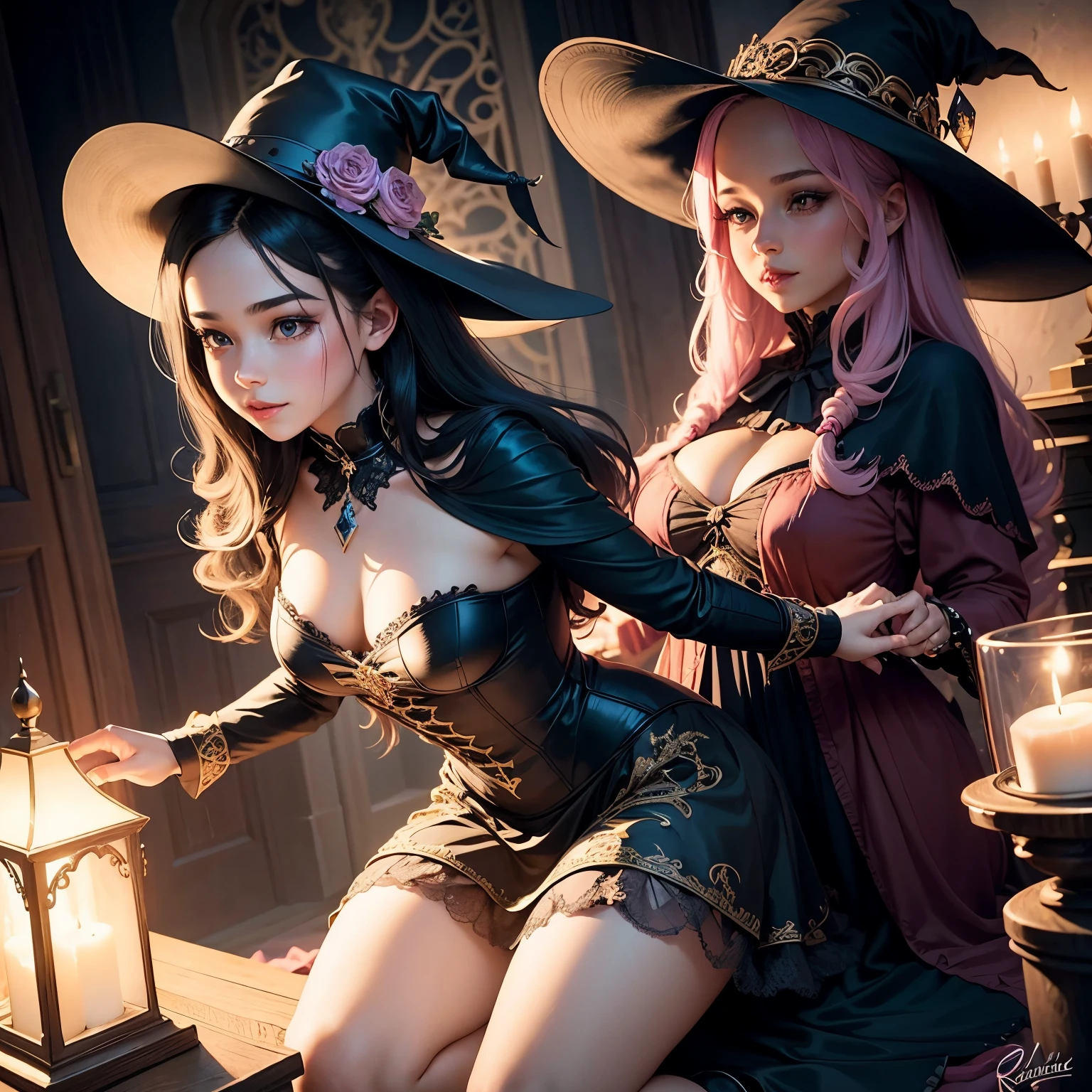 A age boy joins a witch coven and magically transformed into a cute female witch apprentice, experiencing a gender-bending ritual. She now has enchanting pink eyes and long black hair. Her pretty face has soft feminine features and she has lipstick gloss applied on her lips. This new girl is joyful and smiling. She absolutely loves her new identity, embracing the gift of femininity bestowed upon her. Her appearance is striking, adorned in a stunning black Victorian dress with intricate details and voluminous skirt fitting for a maiden of witchcraft. She also wears a pair of high heels. Completing the look, she wears a pointy hat, symbolizing her newfound magical abilities. The artwork depicts the new girl surrounded by an aura of magic and mystery, radiating an aura of confidence and empowerment. The image showcases an artistic style that combines elements of fantasy and realism, highlighting the intricate details of the boy's transformation into a girl. The color palette leans towards pastel shades, enhancing the whimsical and enchanting atmosphere. The lighting in the scene is soft and dreamy, casting a captivating glow on the girl and emphasizing the magical elements. This artwork is of the best quality, with ultra-detailed features and a photorealistic depiction. It captures the imagination and evokes a sense of wonder, inspiring viewers to embrace their own unique identities and embrace the magic within themselves.