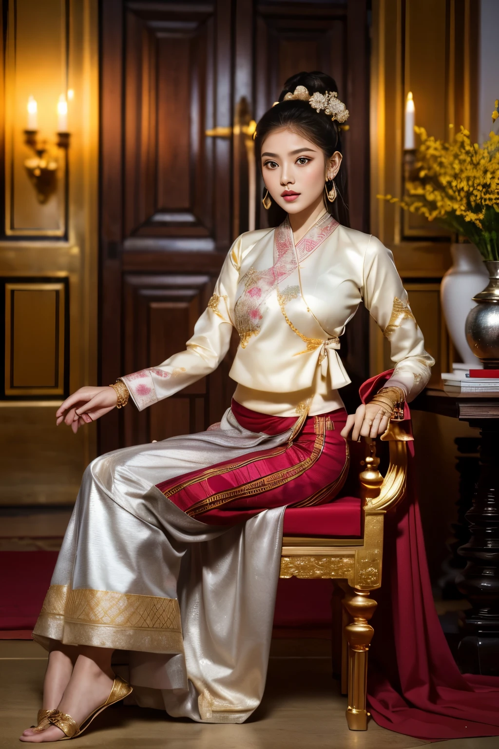 master-piece, 1girl best,looking at the audience, Bagan temple background,full body,Seduction,clean,Exquisite Face,pure face, captivating beautiful eyes, soft pink lips, Fair-skinned,sexy pose,(( northern Thai Lanna Traditional costume)), ((Keng Tong Tai Khun traditional costume)),((Shan dress)), very elegant dress, luxury and very details Tai Khun traditional outfit, white gold color top and red green gold stripes pattern bottom,long-haire messy bun with flower, (((wearing many silver bangle, gold earrings, Thai Lanna gold hairpin))),((perfect female figure)),real person,