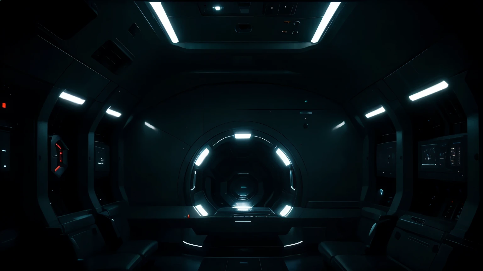 inside a futuristic spaceship engine room lot of details, dark ambiance, cinematic lights