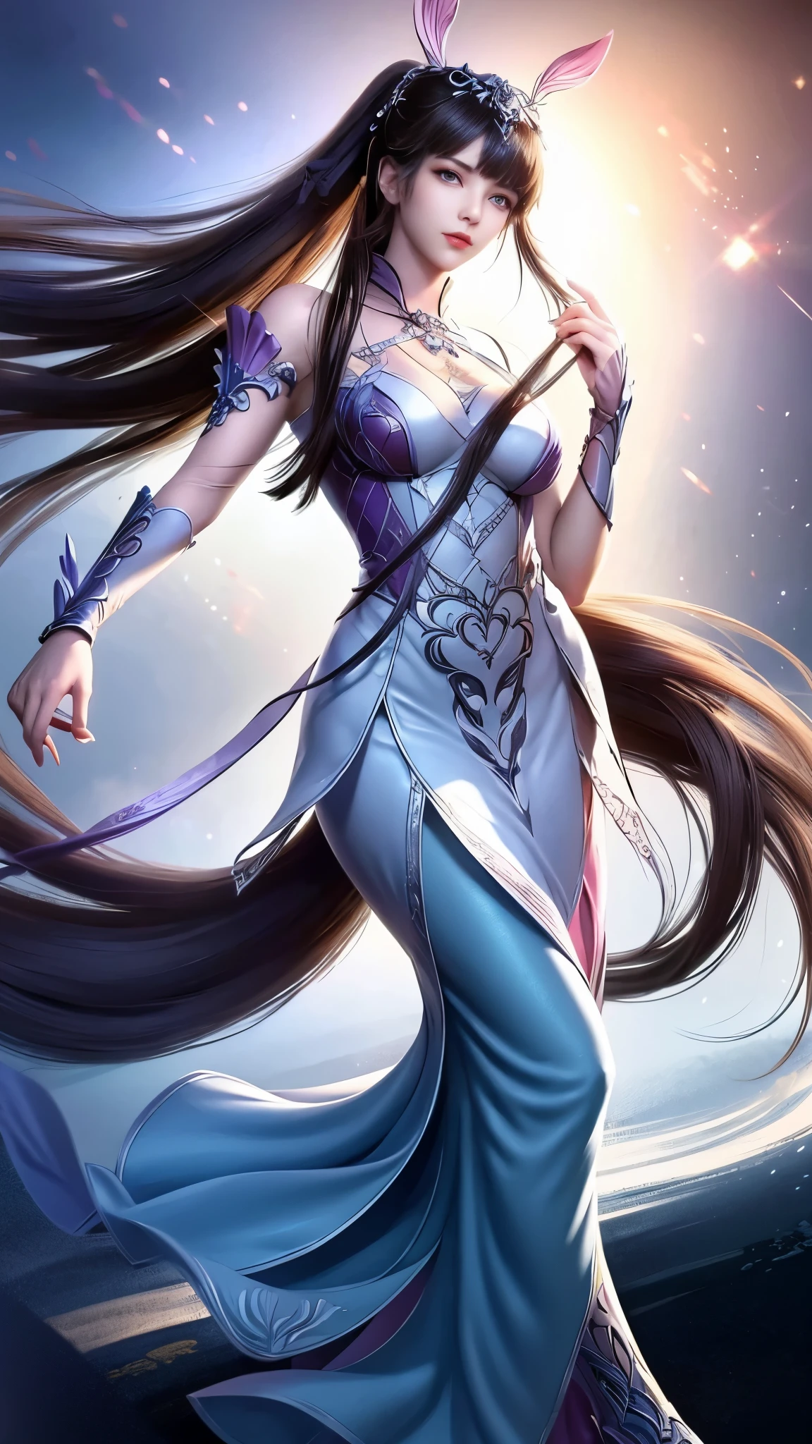 Close-up of a woman in a silver blue dress, Cheng Weipan Art Station, Xiuxian Technology Sense, detailed fantasy art, Stunning character art, Epic and beautiful character art, beautiful armor, Extremely detailed artistic sprouts, Detailed digital animation art, Art site Pixiv on Artgerm, Armor girl, Exquisite and intricate headdresses and jewelry，Big breasts，big breasts，expose breast,huge breast,Full body display，Full body display，