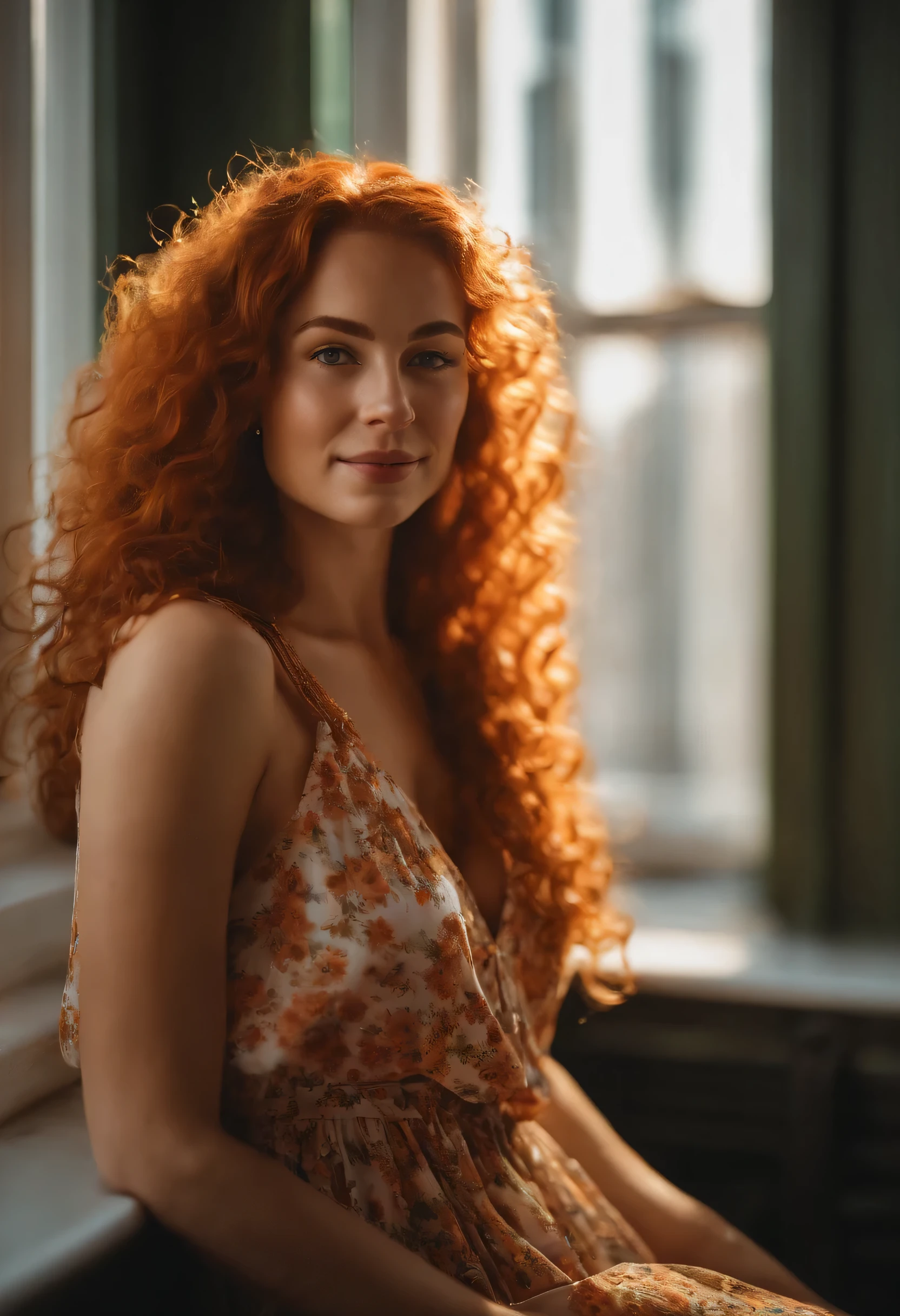 masterpiece portrait of a woman in Montreal at dawn, long hair, cute orange curly hair, smile, green eyes, freckles, floral print, dress, dawn, neon, rays of light, caustic, lens reflection, ((solo)), ishmael_limbus